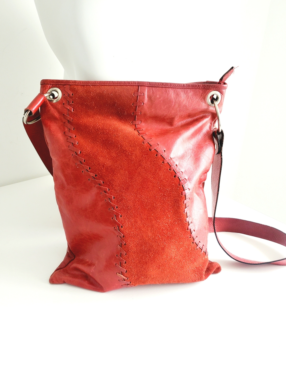Red Leather & Suede Crossbody Bag - Vintage